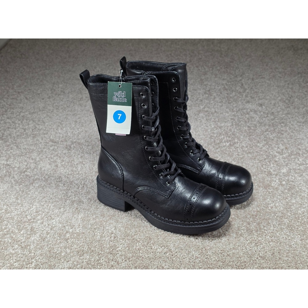 Wild Fable Helga Black Lace Up Combat Boots Side Zip Cap Toe Brogue 7